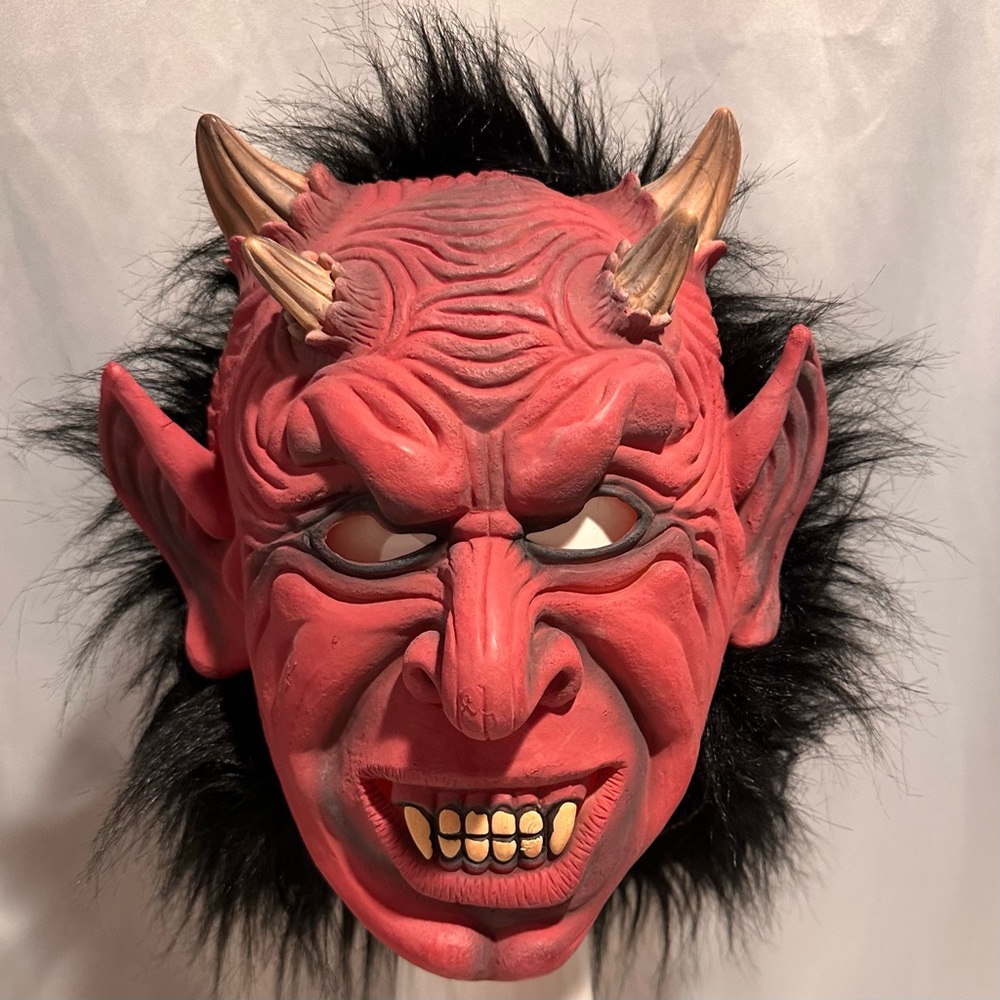 Vintage Red Devil Latex Adult Halloween Mask with Horns
